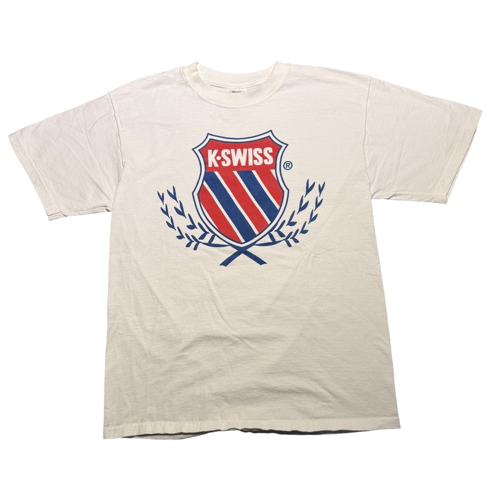 Vintage K-Swiss T-Shirt White Large Crest Logo Fruit of the Loom Size L